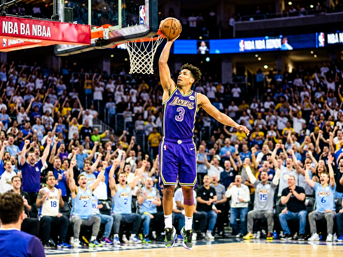 NBA篮球比赛现场，球员扣篮瞬间，球场观众热情欢呼